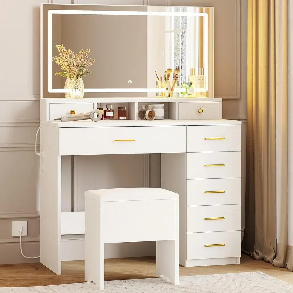 Dressing Table Vanity With Lighted Mirror - Vanity Makeup Desk with 8 Drawers