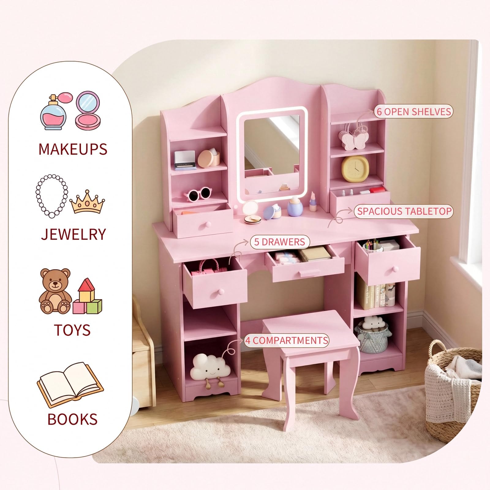 Kids Vanity with 3-Color Light - огляд і ціна Dressing Table Vanity With Lighted Mirror