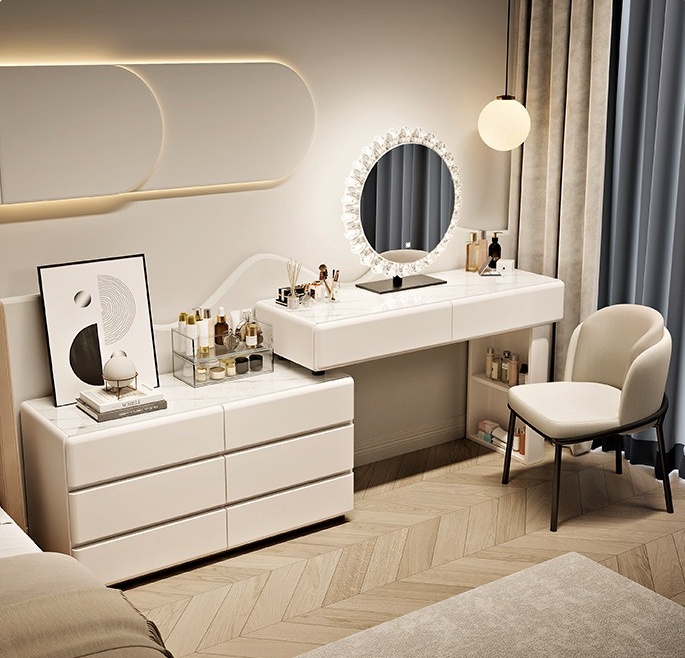 # White Wood Modern European L - огляд і ціна Dressing Table Vanity With Lighted Mirror
