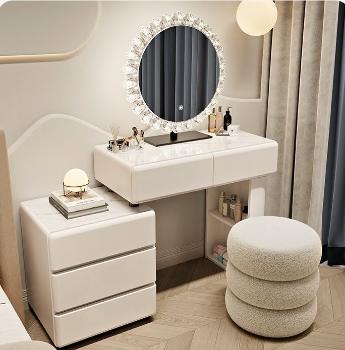 # White Wood Modern European L - огляд і ціна Dressing Table Vanity With Lighted Mirror