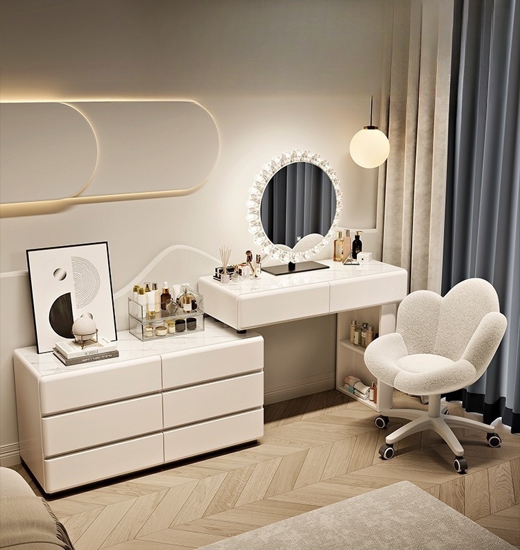 # White Wood Modern European L - огляд і ціна Dressing Table Vanity With Lighted Mirror