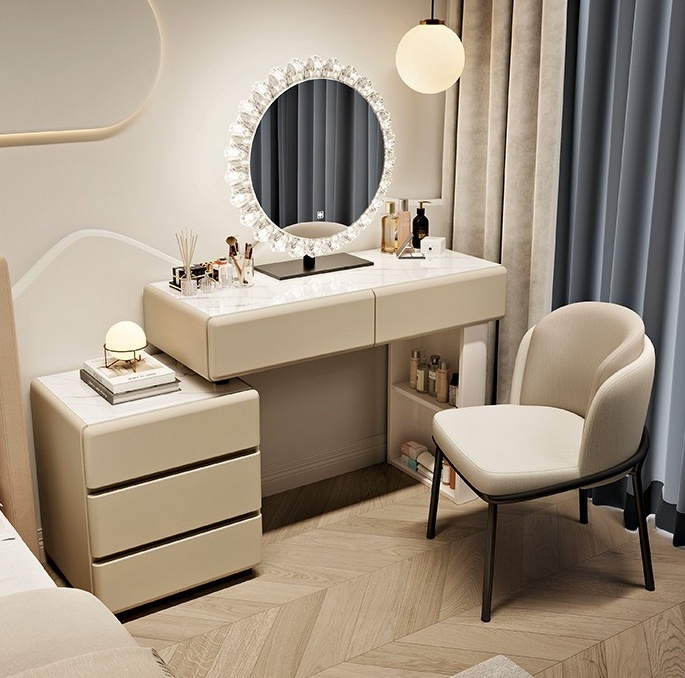 # White Wood Modern European L - огляд і ціна Dressing Table Vanity With Lighted Mirror